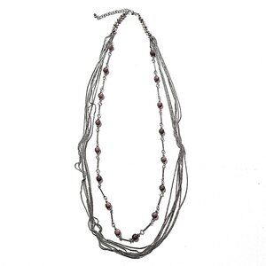 Silver-tone multi-strand long smoky gray purple gemstone necklace